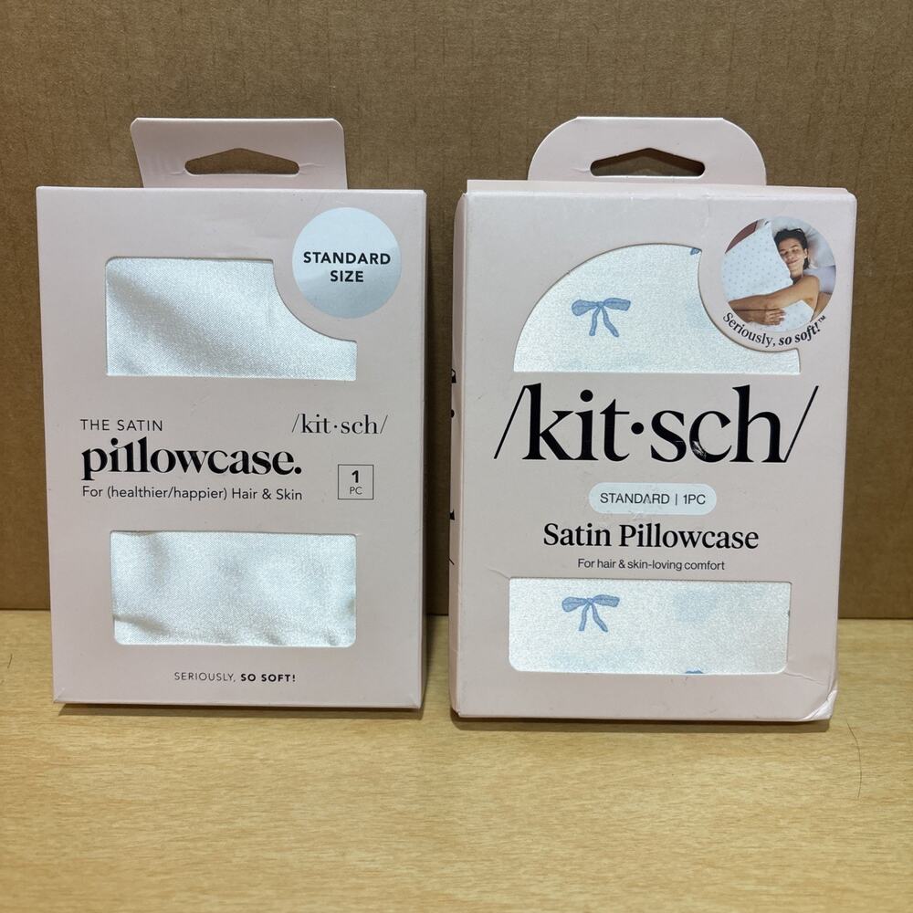 Kitsch Satin Pillowcase 2 Pack Ivory W/bows & Solid Ivory Standard Size 26 X 19”